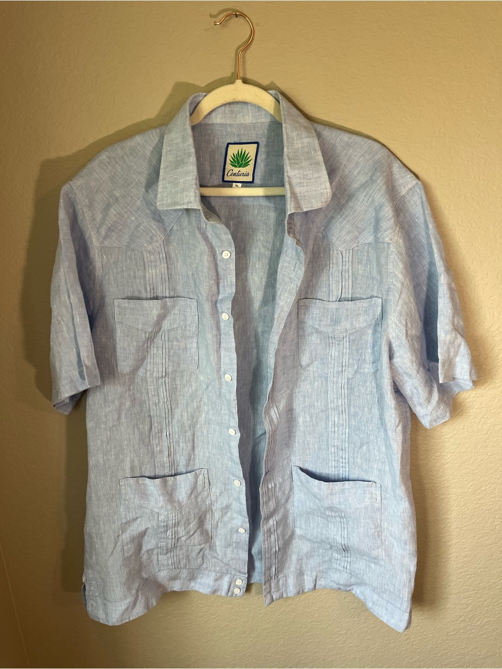 Centuria 100% Linen Guayabera Camp Shirt XL Blue Cuban Resort Beach 4 Pocket